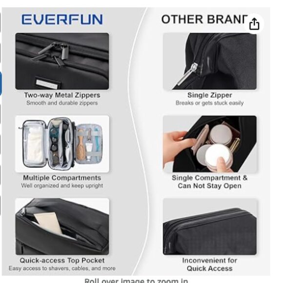 Everfun Travel Toiletry Bag For Men And Women Dopp Kit Wide Open Makeup Cosmetic - Picture 3 of 6
